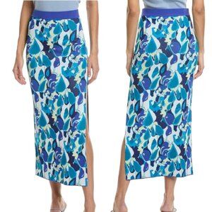 STAUD Blue and White Midi Skirt